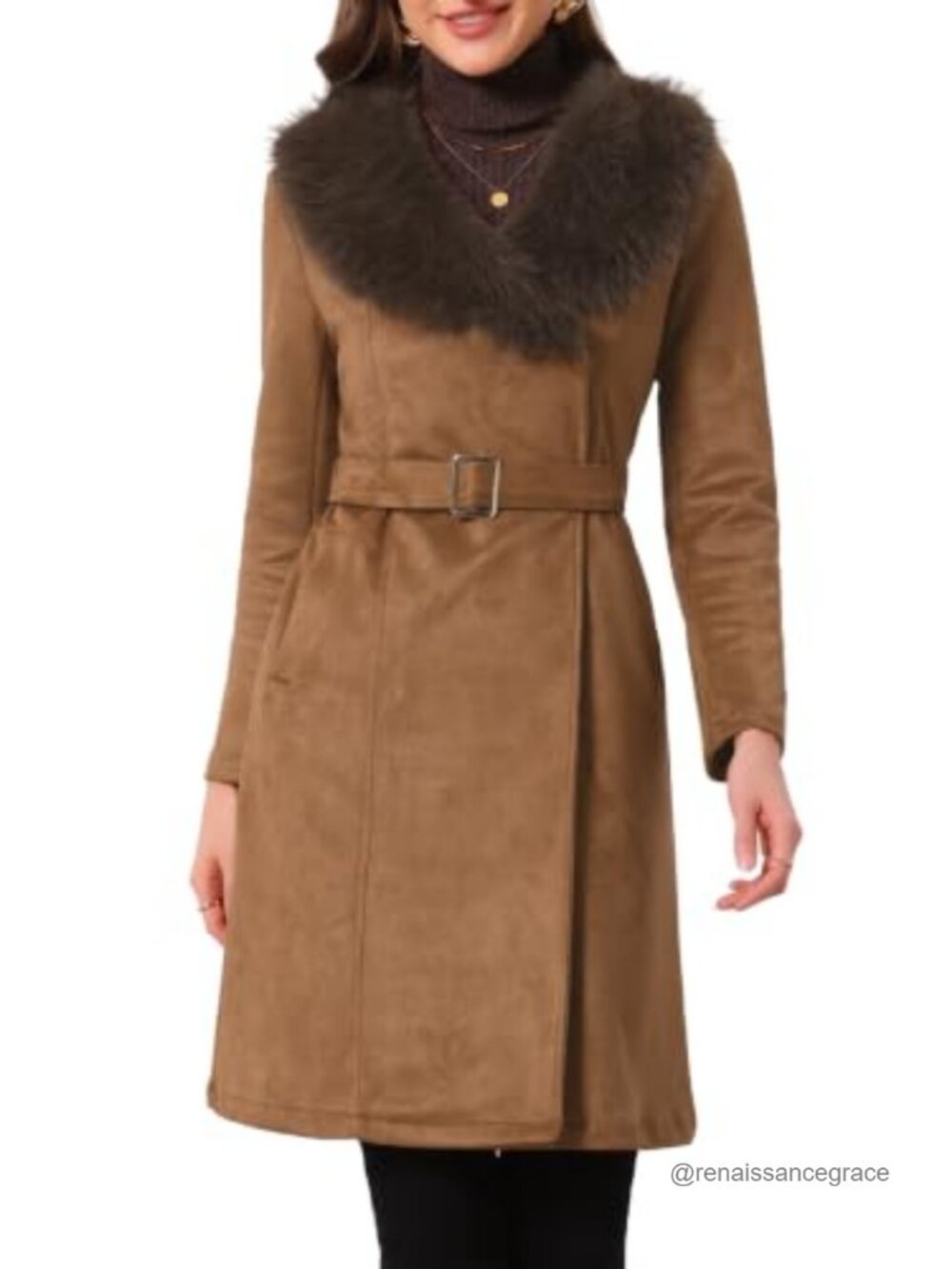 Faux Suede Trench Coat Belted Notch Lapel Winter Jacket